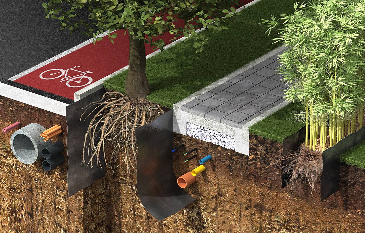 Root barrier installation diagram showing HDPE panels deflecting tree roots below a sidewalk and foundation